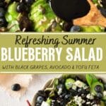 summer blueberry salad with black grapes and avocado on a white plate