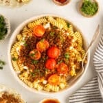 vegan Turkish pasta in a white bowl on a white table