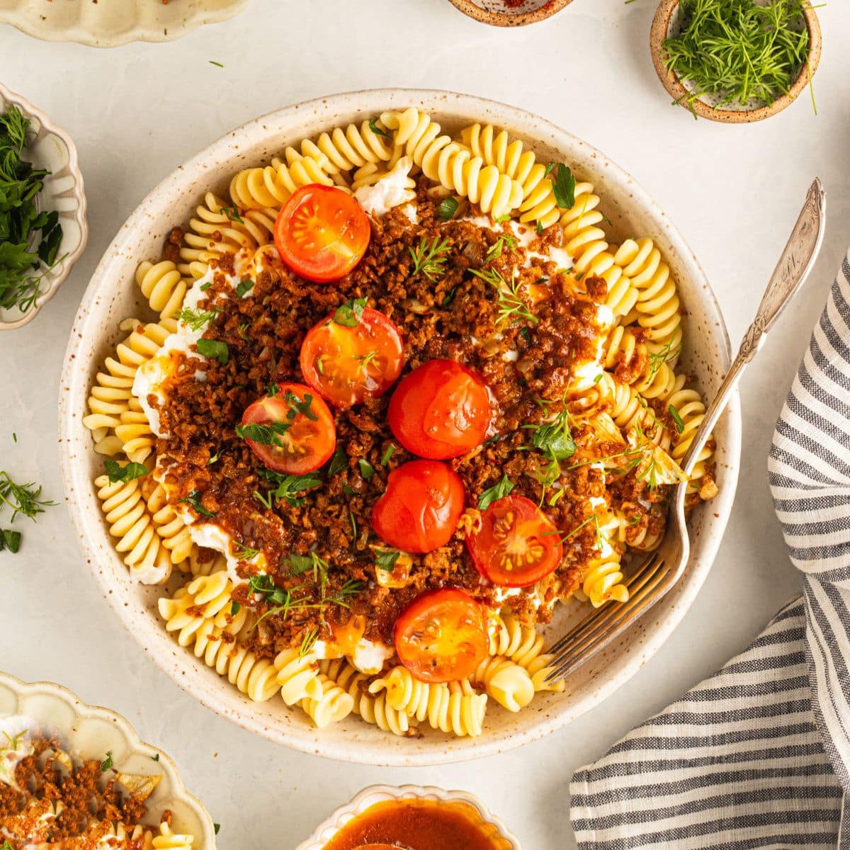 vegan Turkish pasta in a white bowl