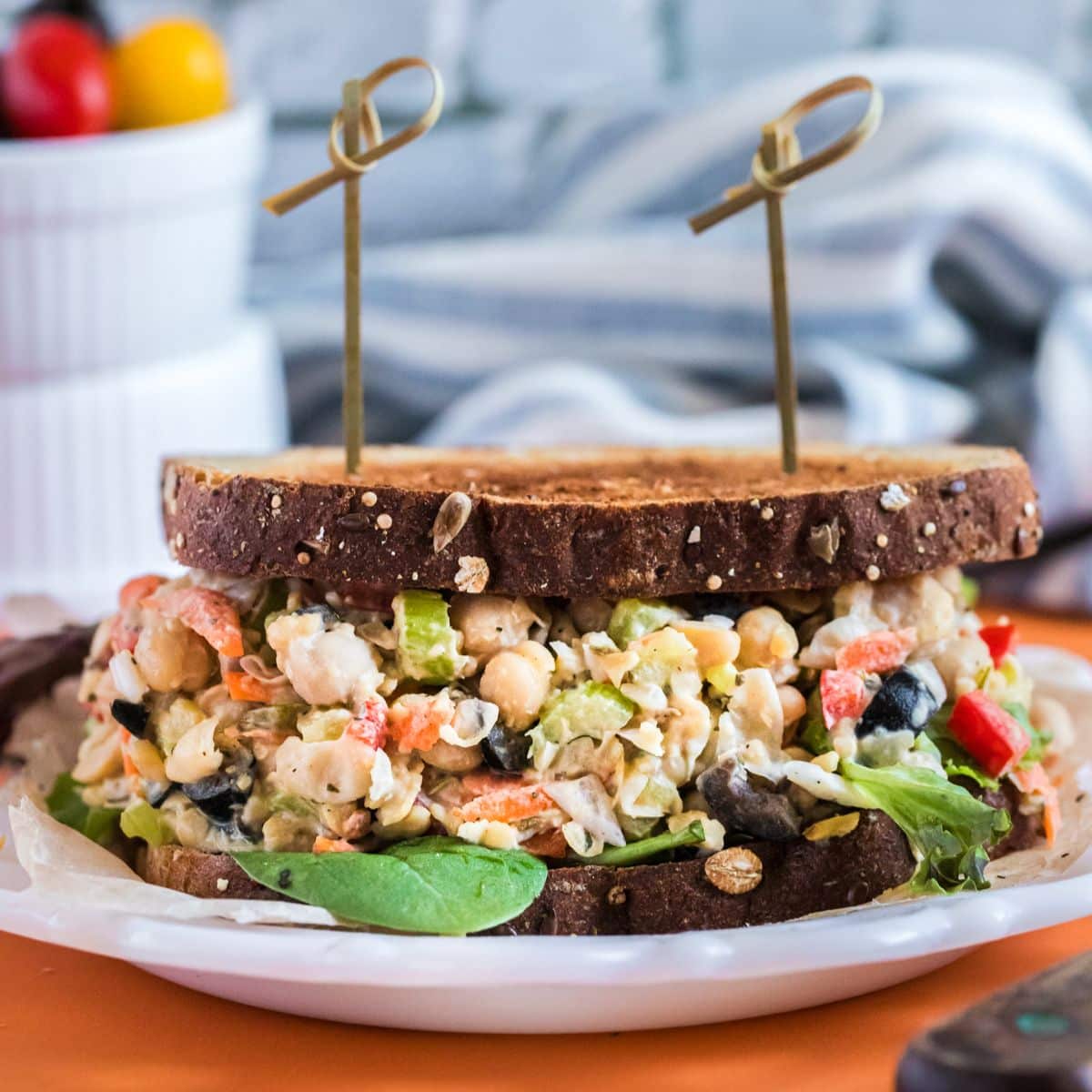 chickpea salad sandwich recipe on a white plate