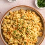 overhead view of Hawaiian macaroni salad in a soft colored bowl