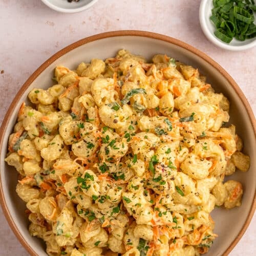 overhead view of Hawaiian macaroni salad in a soft colored bowl