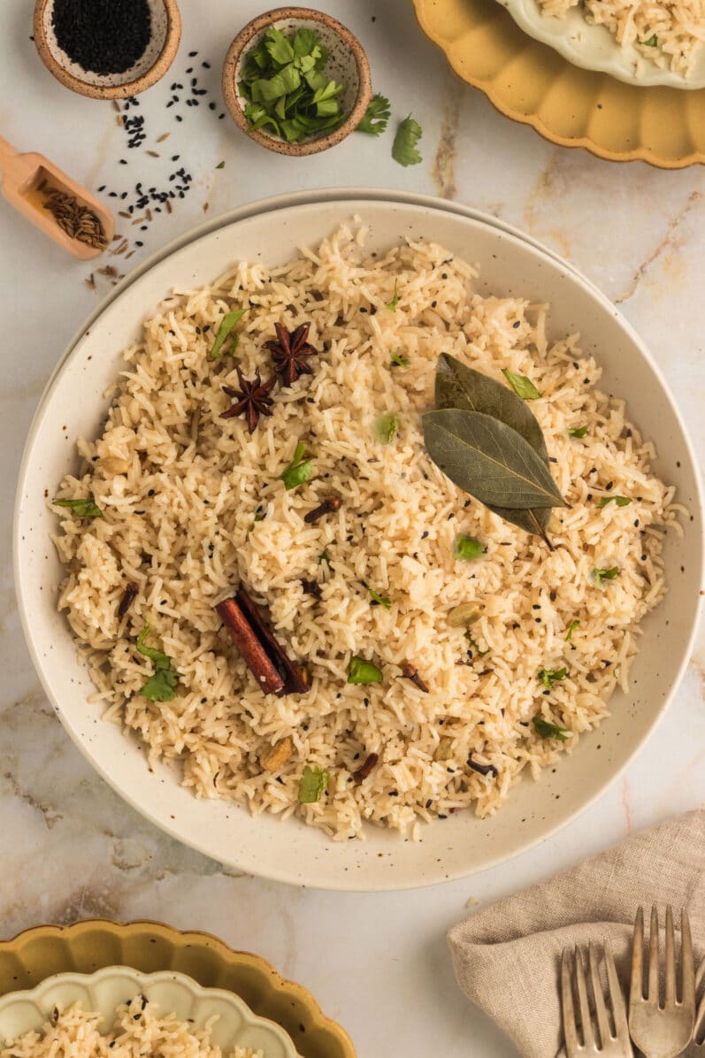 Overhead view of homestyle Jeera Rice in a bowl