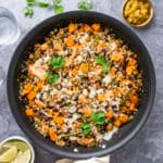 sweet potato skillet on a grey background