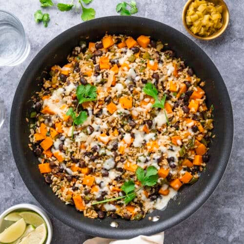 sweet potato skillet on a grey background