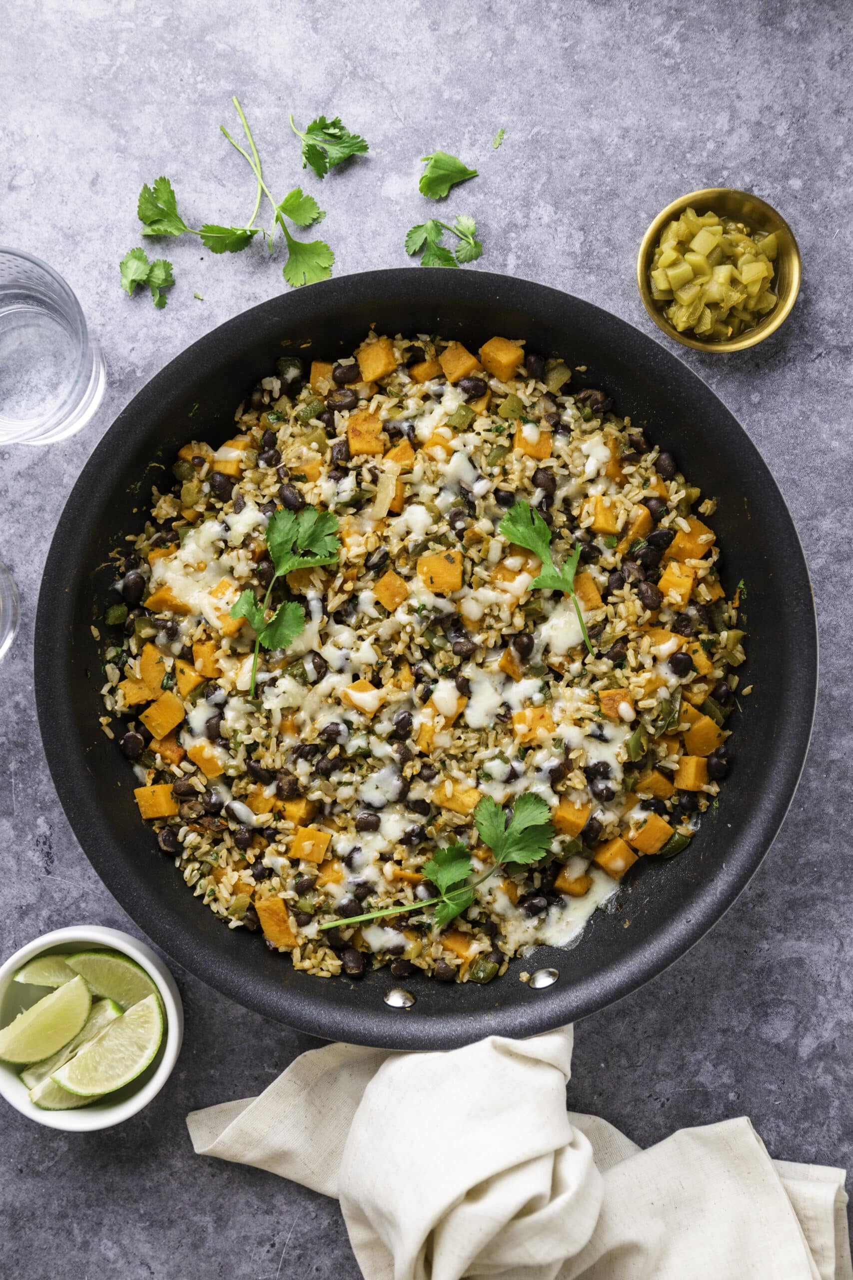sweet potato skillet on a grey background