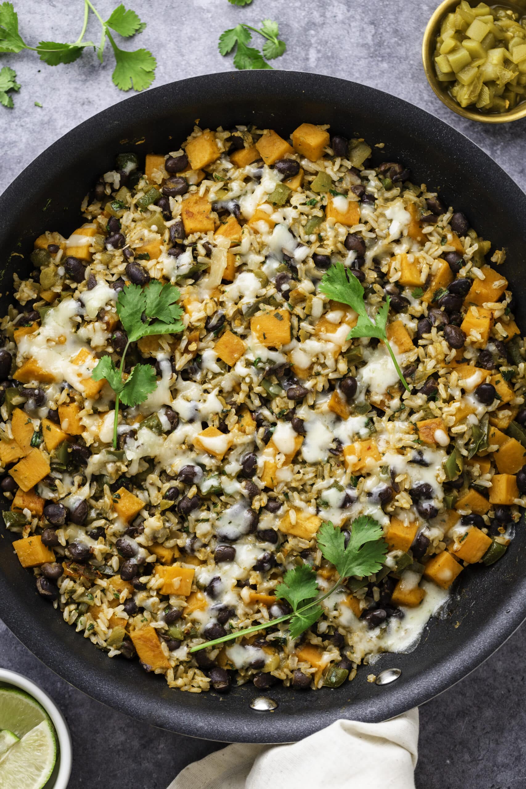 closeup overhead view of sweet potato skillet
