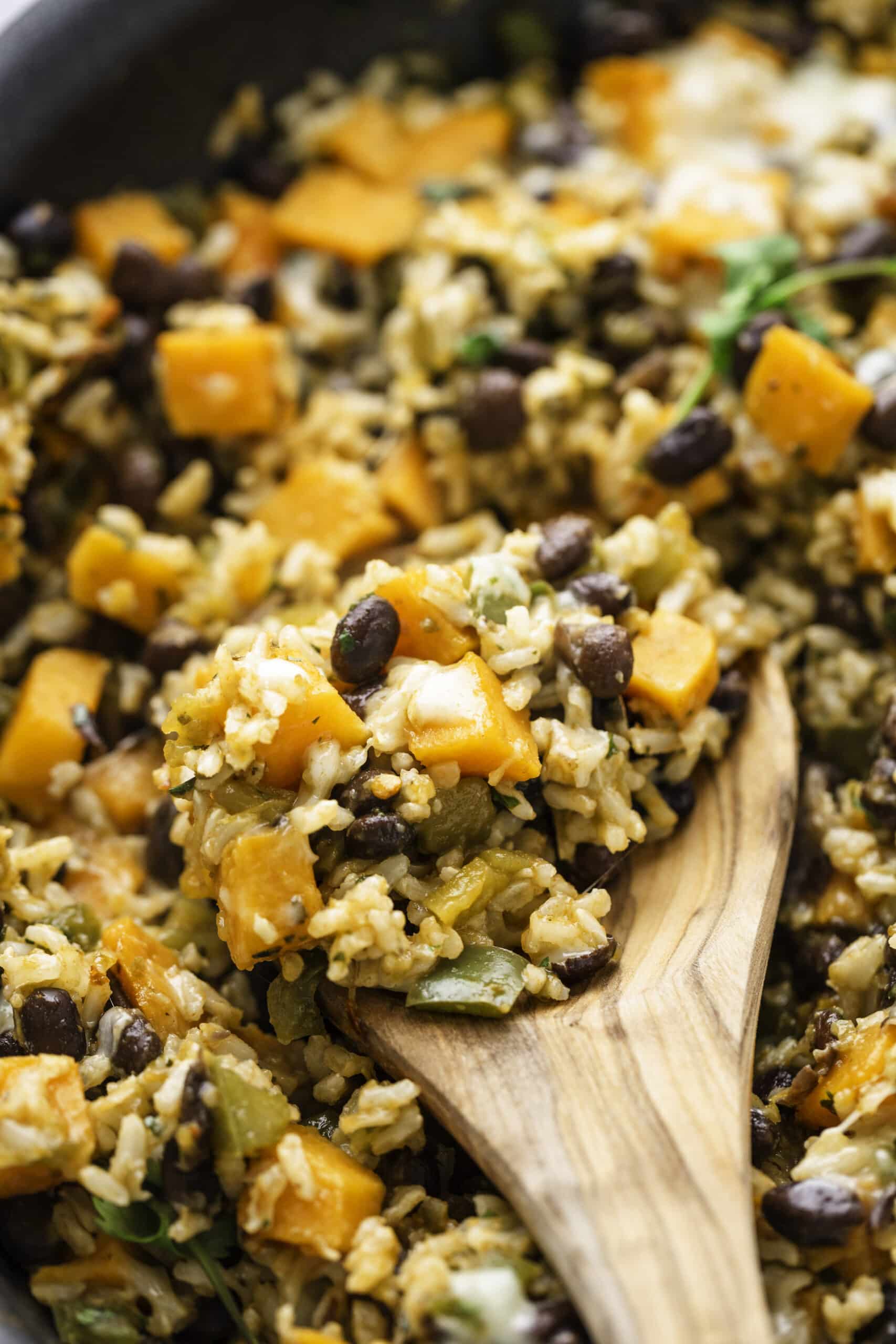 closeup of spoonful of sweet potatoes, rice and black beans
