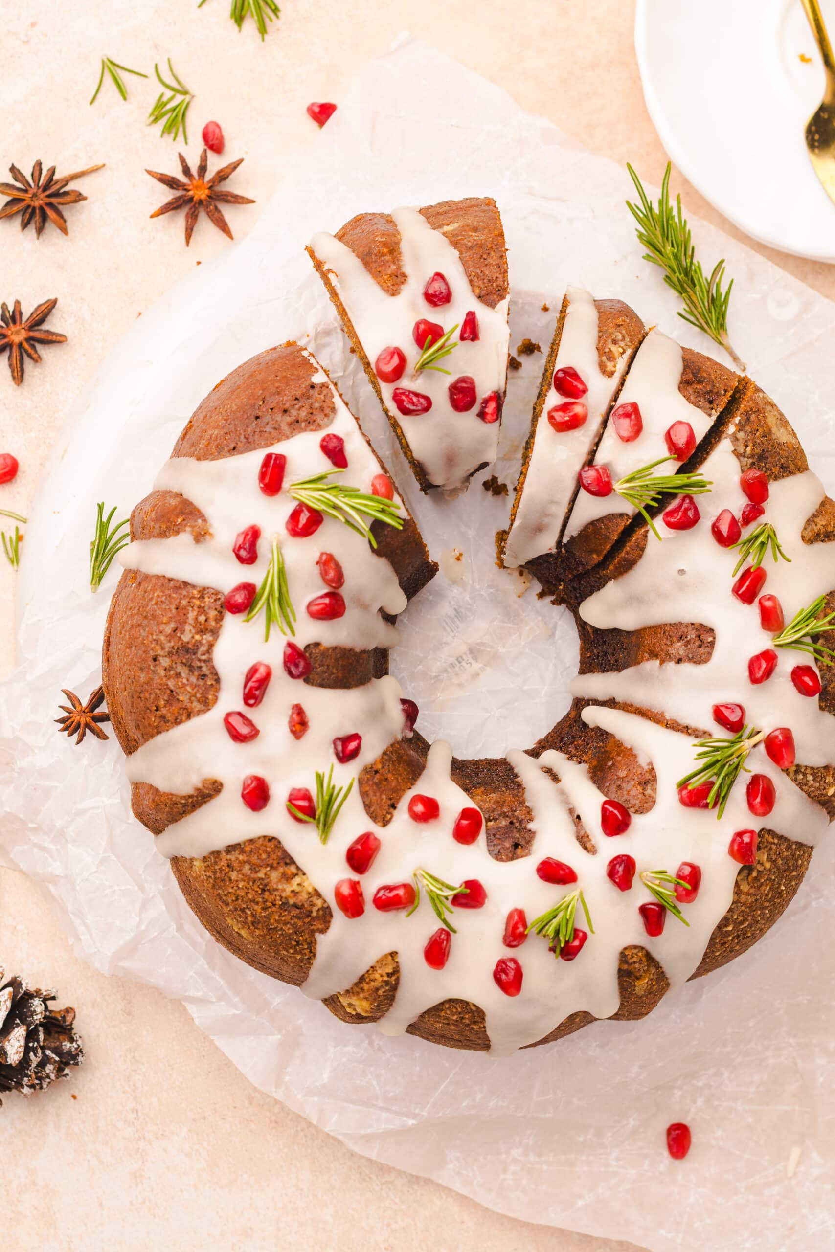 overhead view of sliced gingerbread Bundt cake