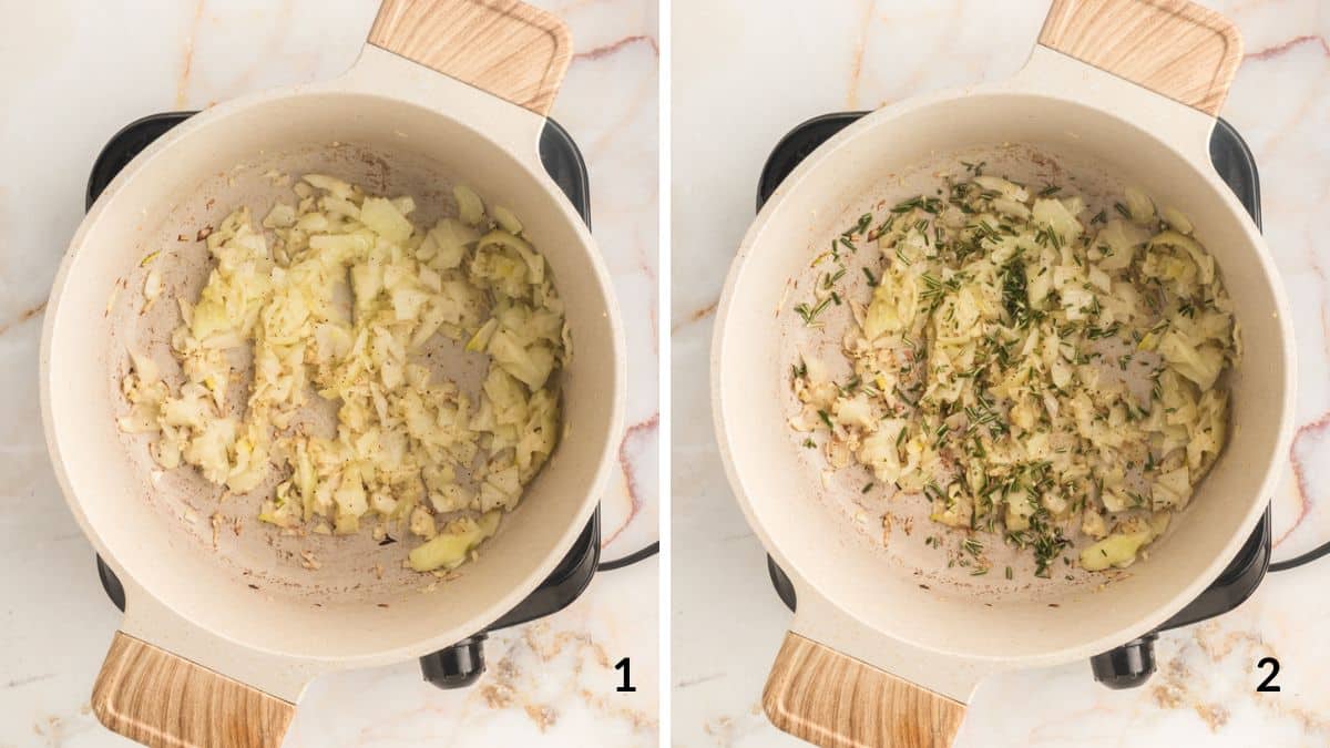 steps one and two for making vegan cream of mushroom soup