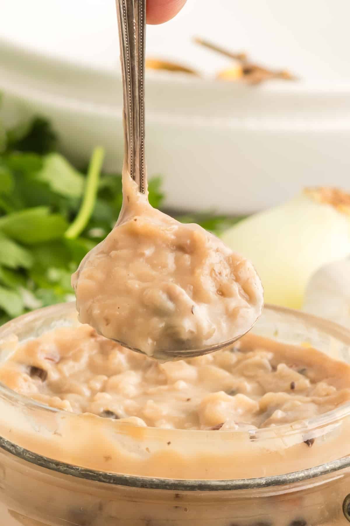 CLOSEUP OF LADLE FULL OF CONDENSED CREAM OF MUSHROOM SOUP