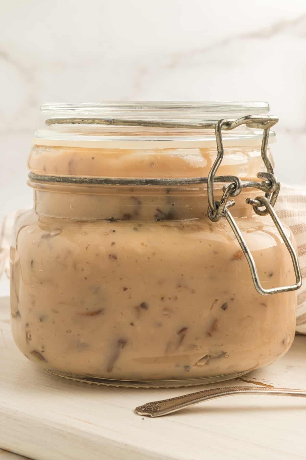 closeup of jar of condensed cream of mushroom soup