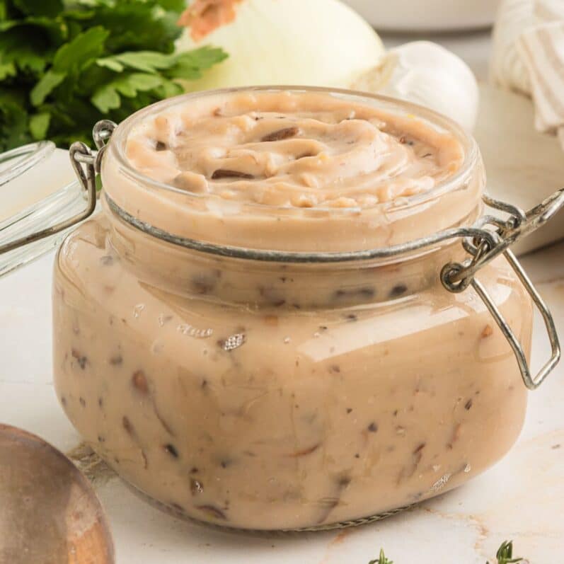 jar of vegan condensed cream of mushroom soup