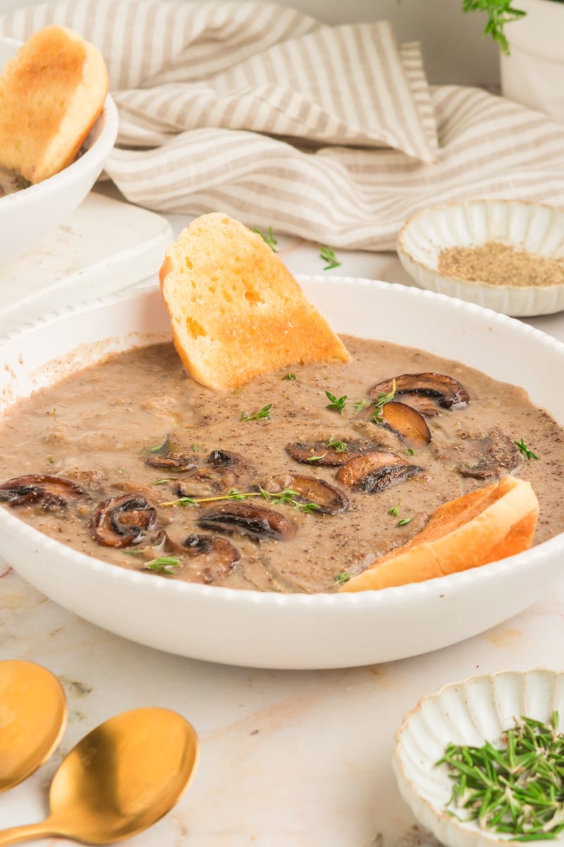 side view of vegan cream of mushroom soup in a white bowl