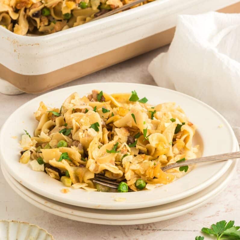 featured image of vegan tuna casserole on a white plate