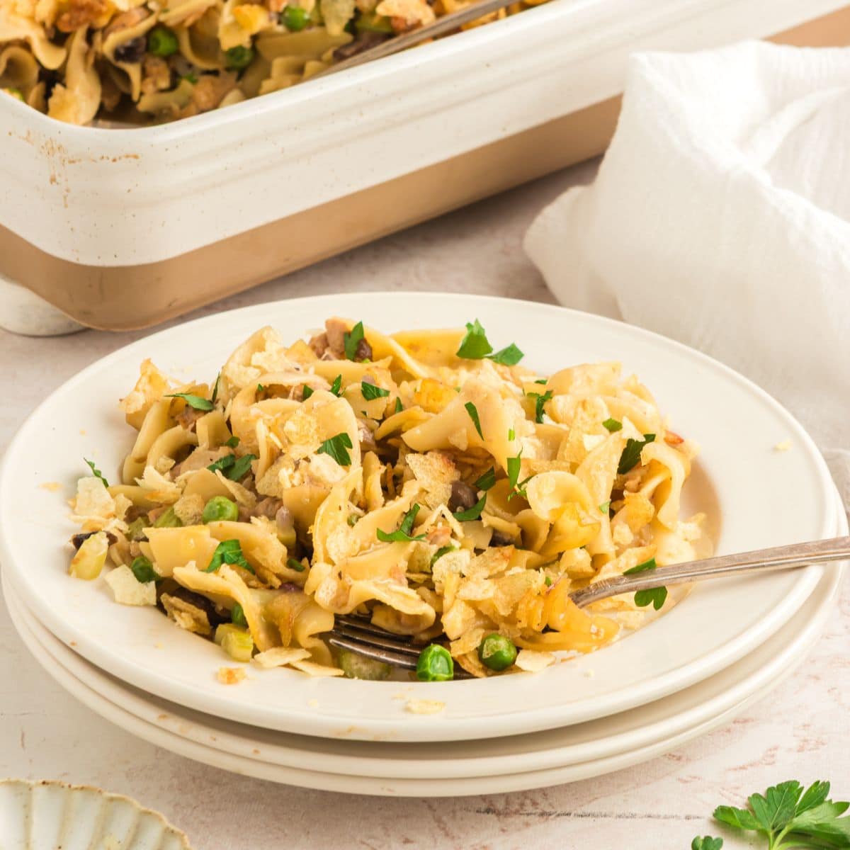 featured image of vegan tuna casserole on a white plate