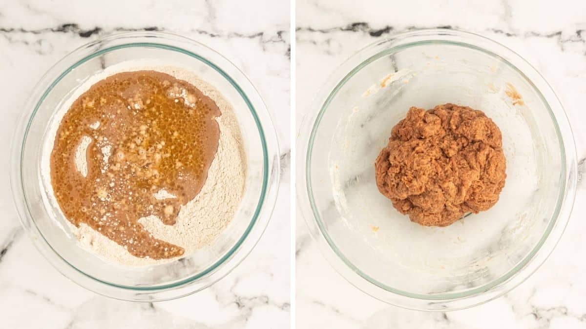 Step 3 vegan ham adding wet ingredients to dry ingredients and forming the dough