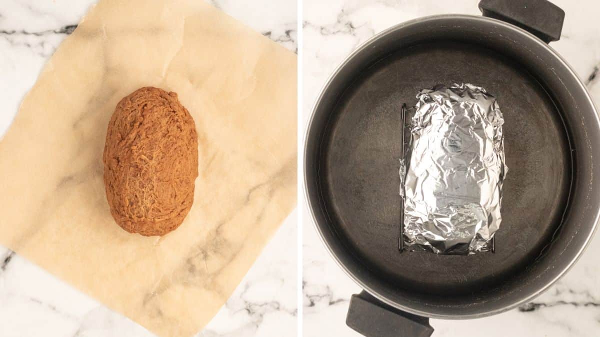 Step 4 and 5 forming the dough into a loaf and steaming it for 30 minutes