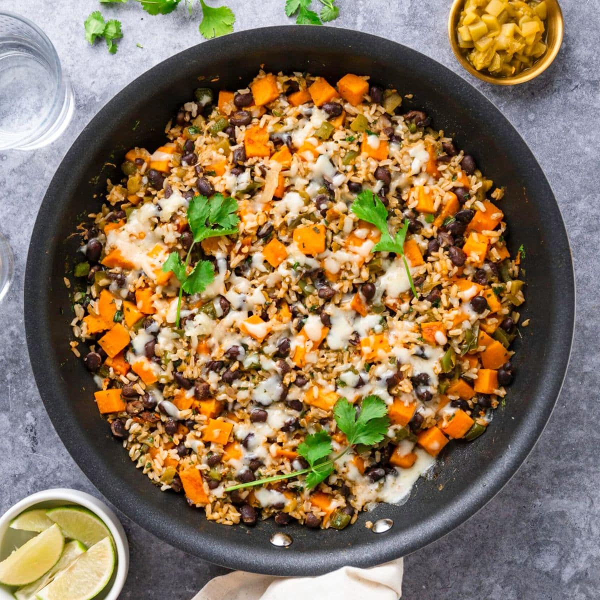 square sweet potato skillet image on a grey table