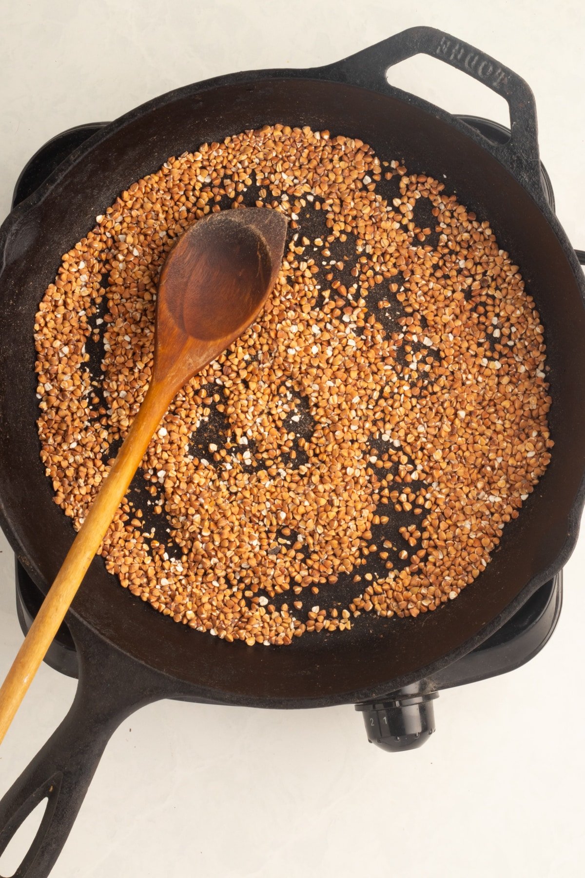 toast the buckwheat in a skillet over medium heat