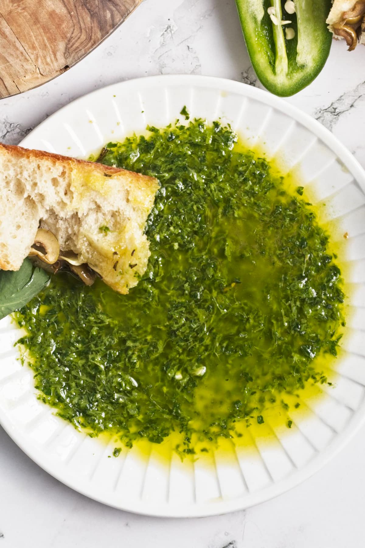 close up overhead view of zhoug sauce used for dipping