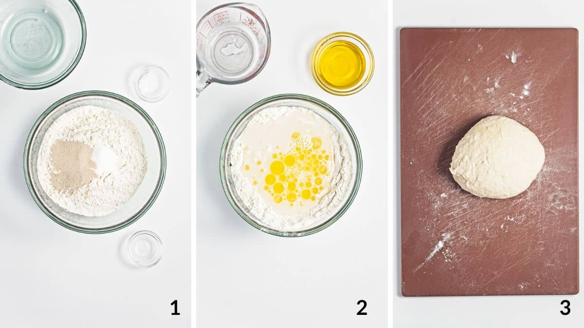 steps 1, 2, and 3 for garlic and rosemary focaccia bread