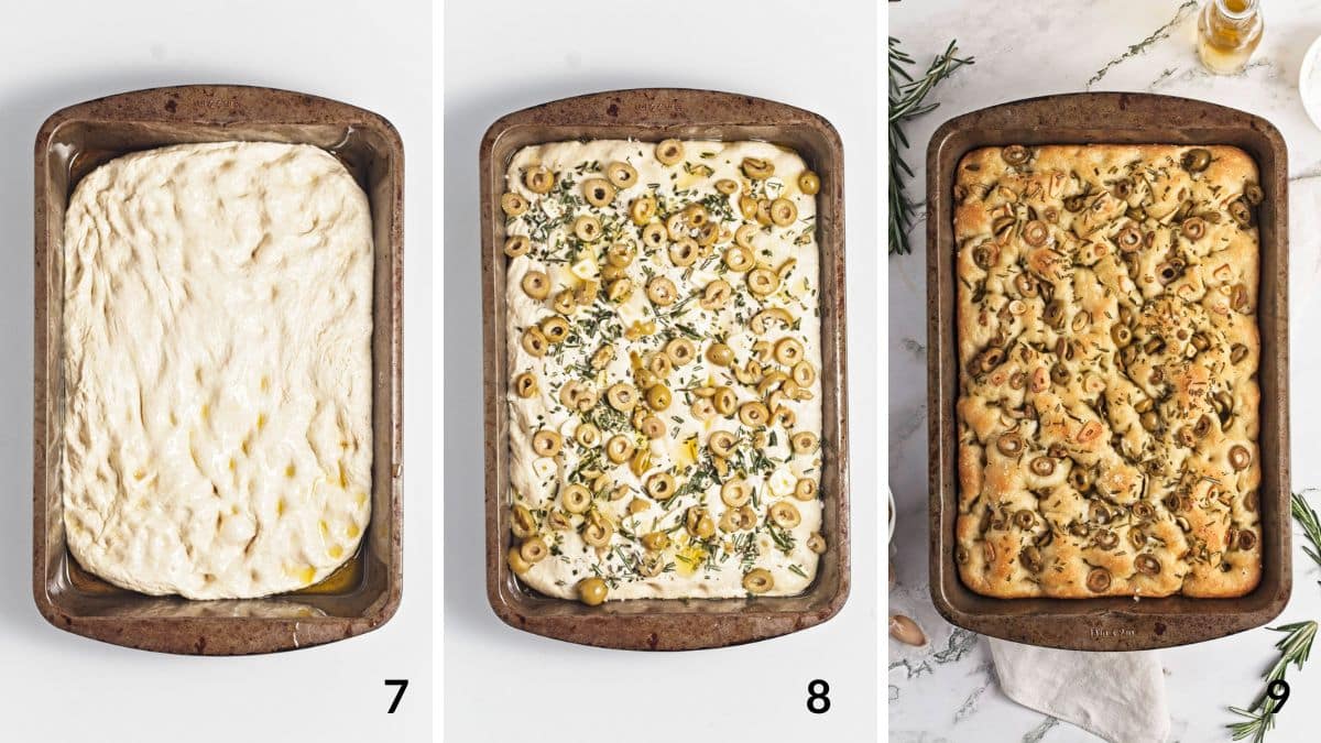 garlic and rosemary focaccia steps 7, 8, and 9
