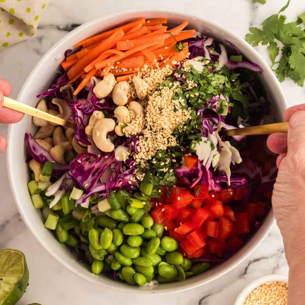 square chopped thai salad with hands mixing ingredients together
