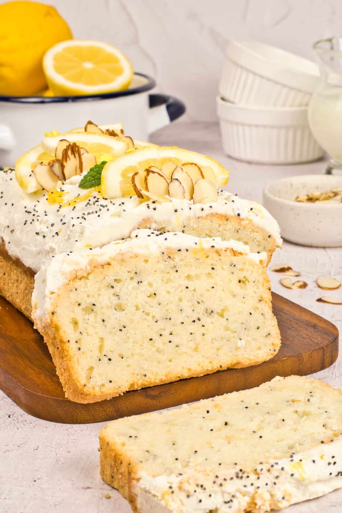 slices of lemon poppy seed cake on a cutting board