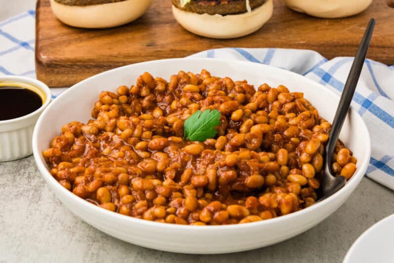 Smoky Maple Vegan Baked Beans in a white bowl