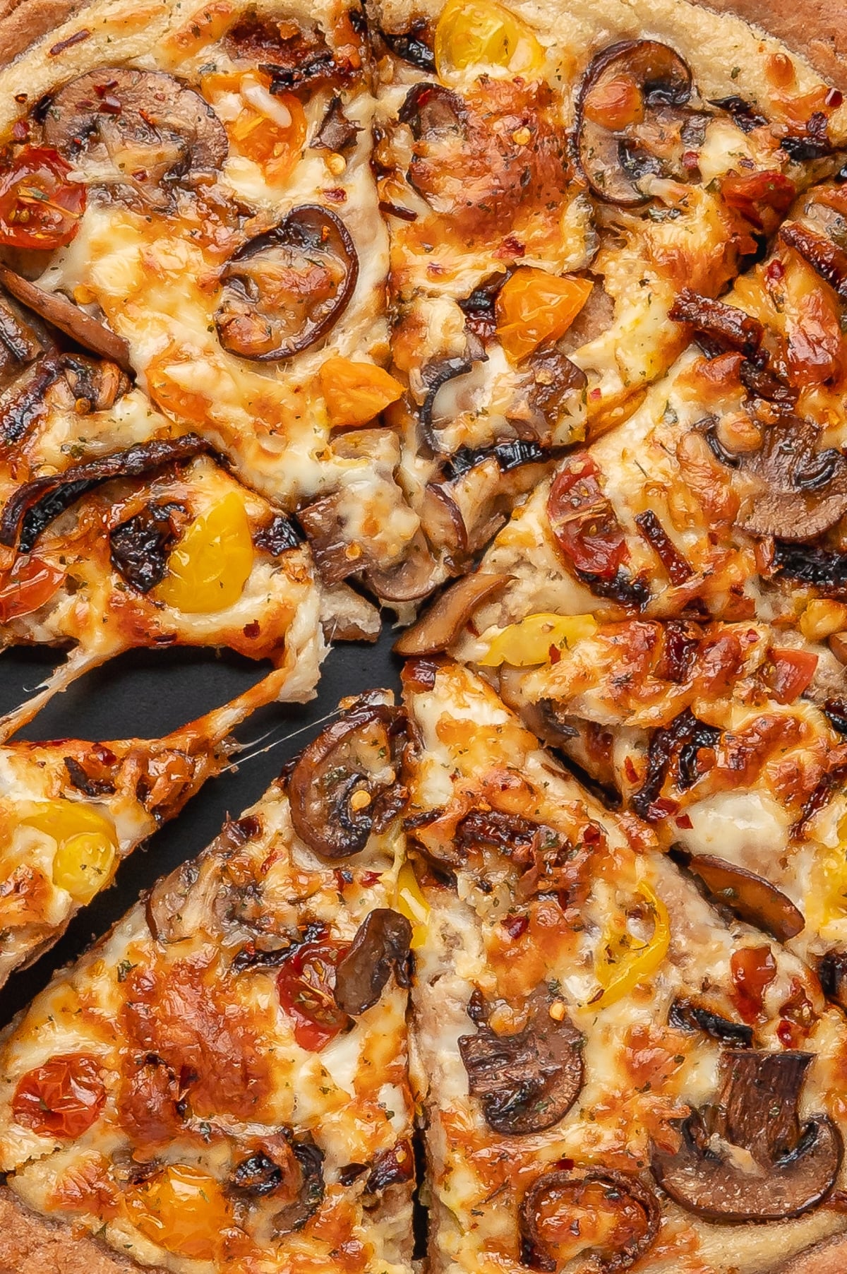 closeup of overhead view of vegan pizza