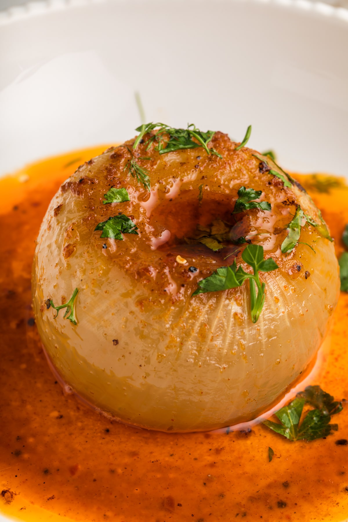 closeup of onion boil recipe in a white bowl