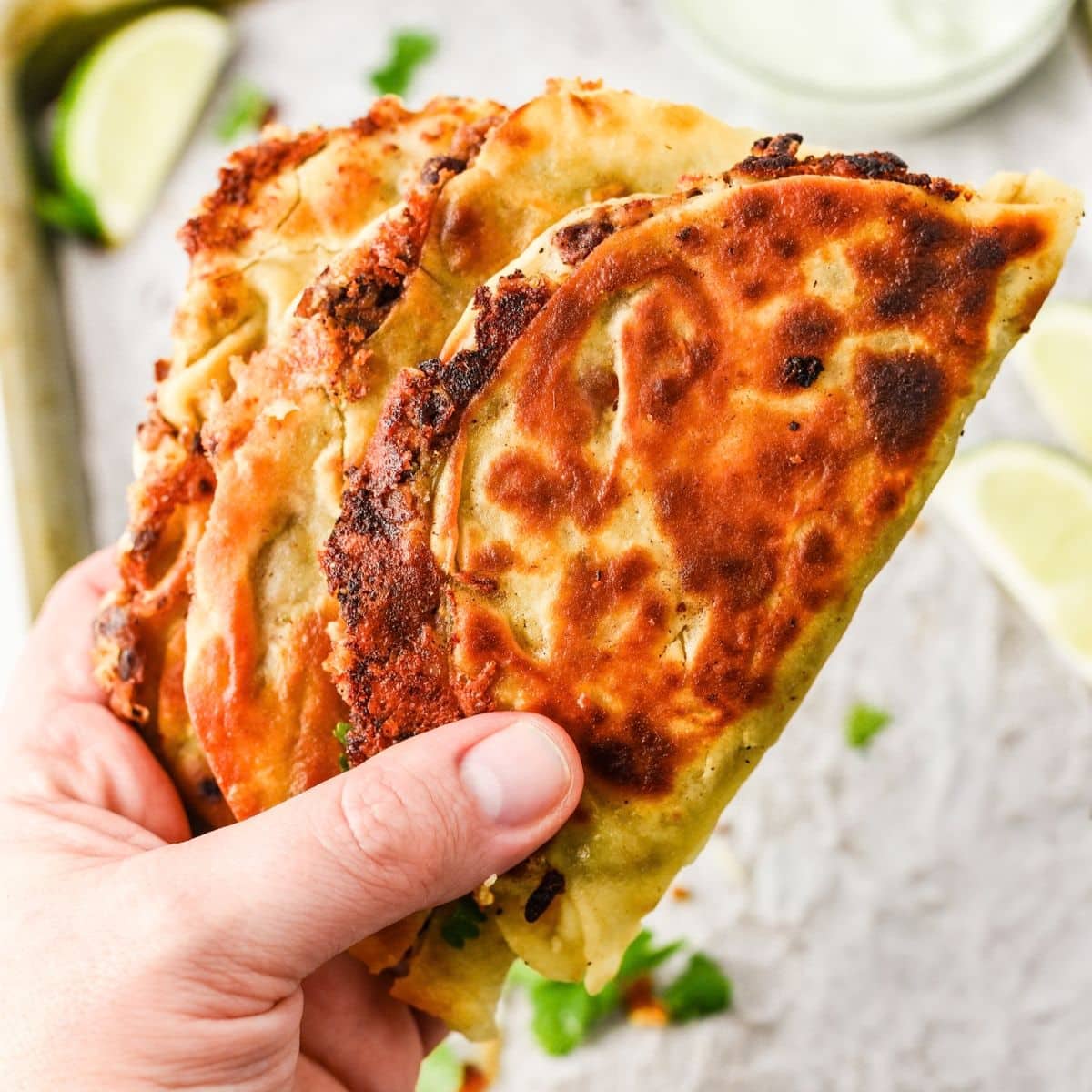 featured square image of hand holding crispy black bean tacos