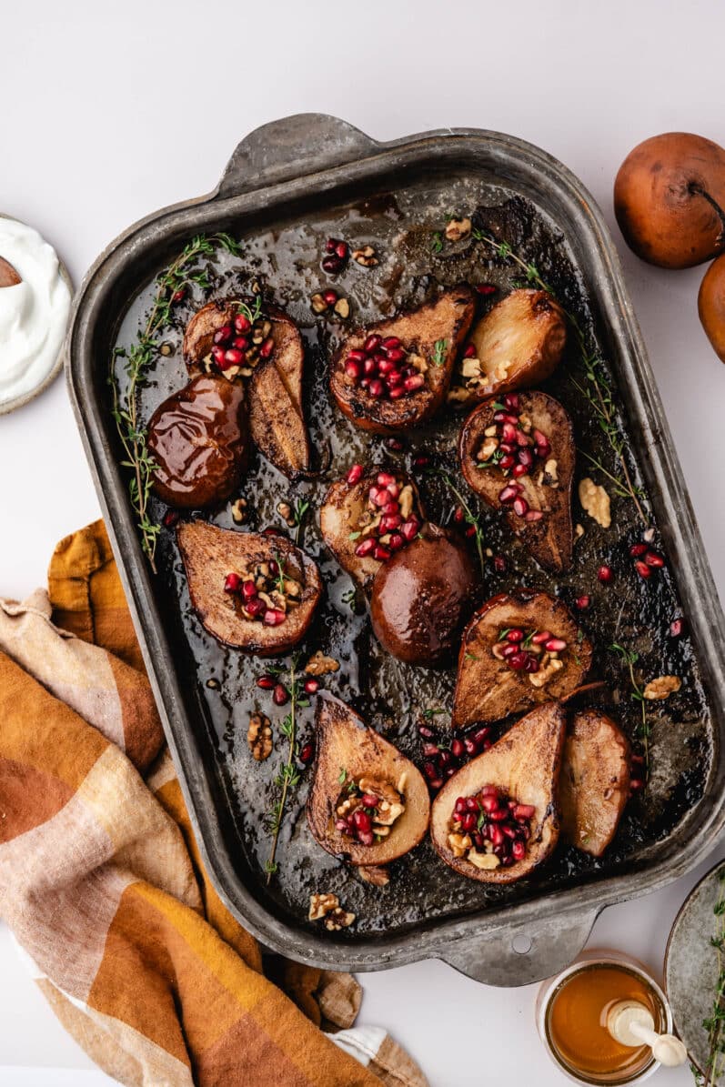 baked pears on a baking sheet